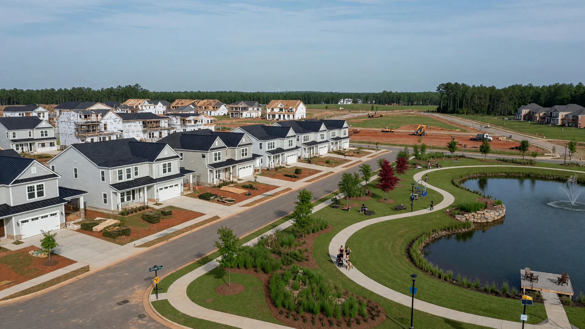 Indian Land SC suburban neighborhood with new construction homes and park