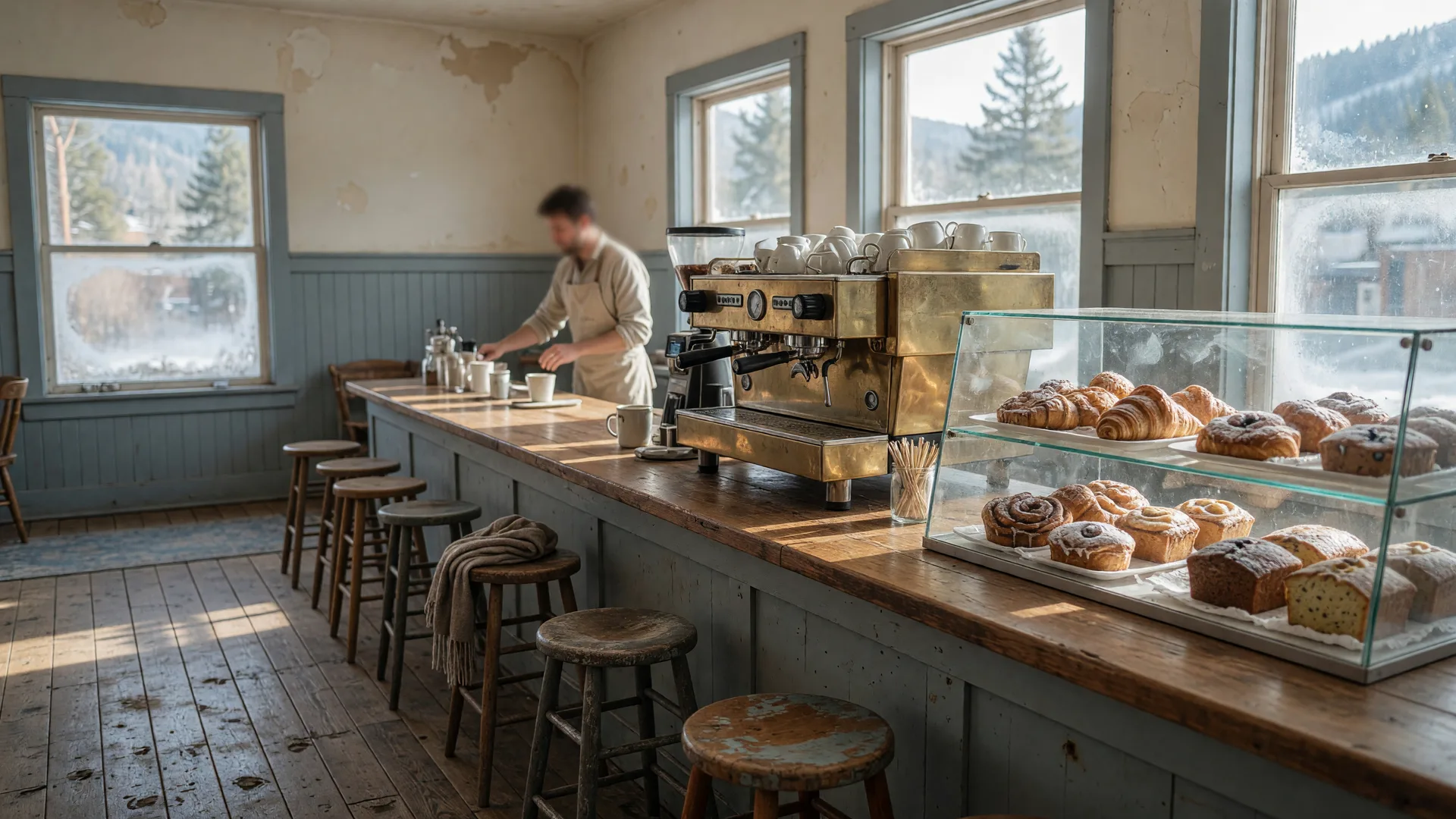 A warm neighborhood coffeehouse interior with a long wooden counter, brass espresso machine, and glass case of pastries in soft morning light