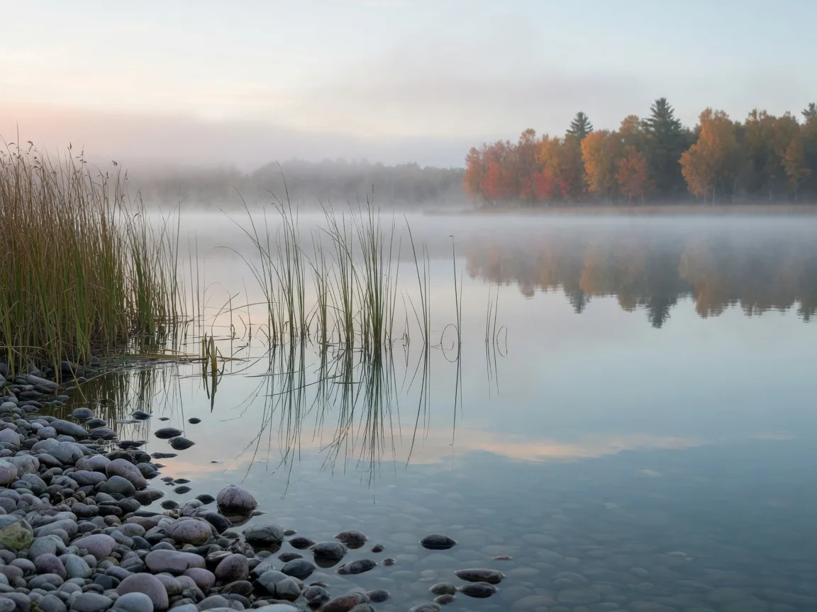 Misty lake shoreline at dawn, a signature landscape of the Pocono Mountains region
