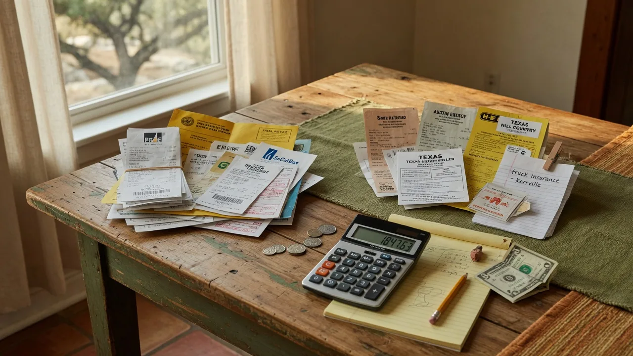 Monthly budget receipts from California and Texas spread across a rustic wooden kitchen table in a Hill Country home, with a calculator in the center