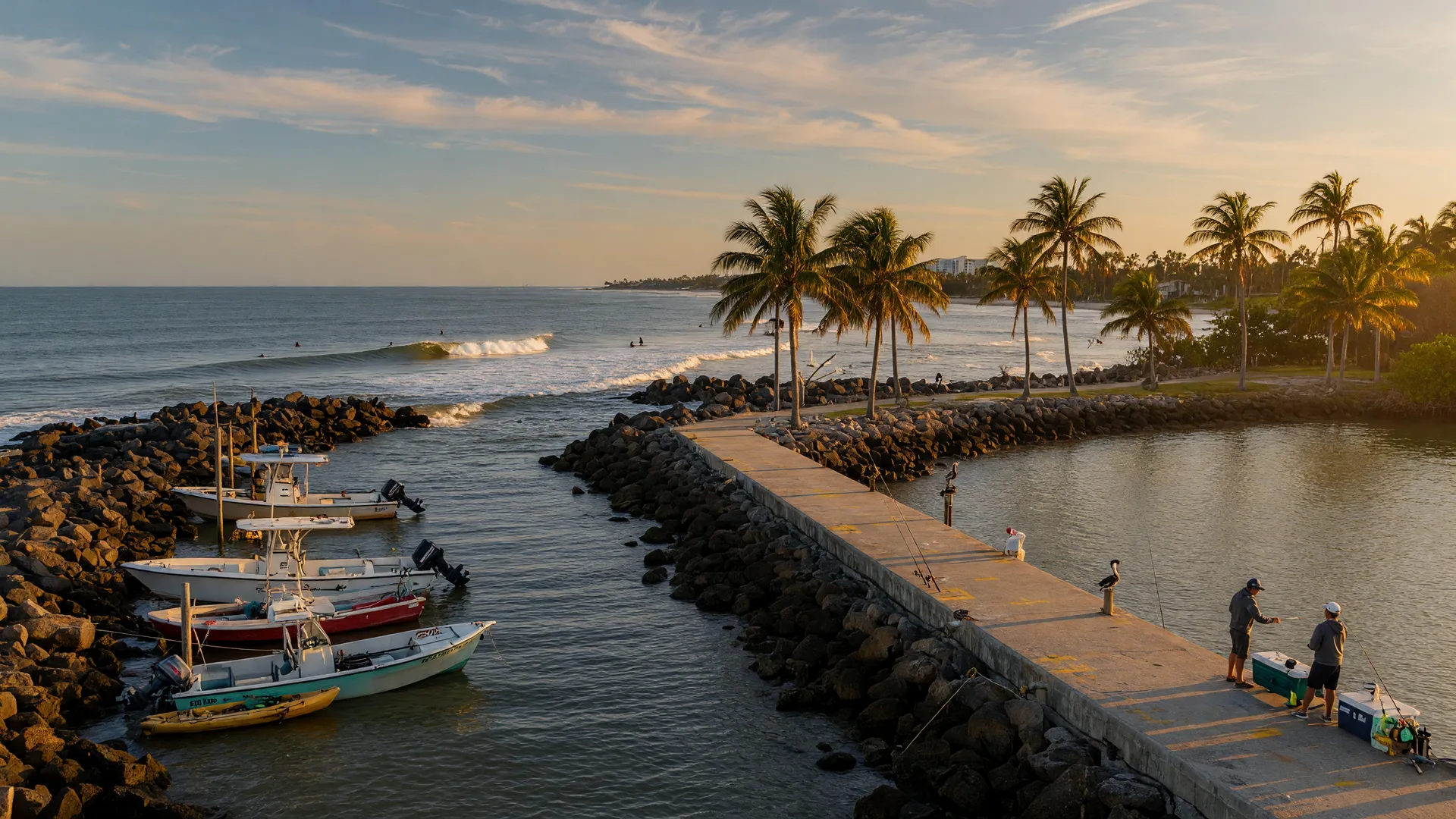 The Sebastian Inlet at golden hour, with small fishing boats near the jetties, surfers in the water, and a palm-lined shoreline in warm light.
