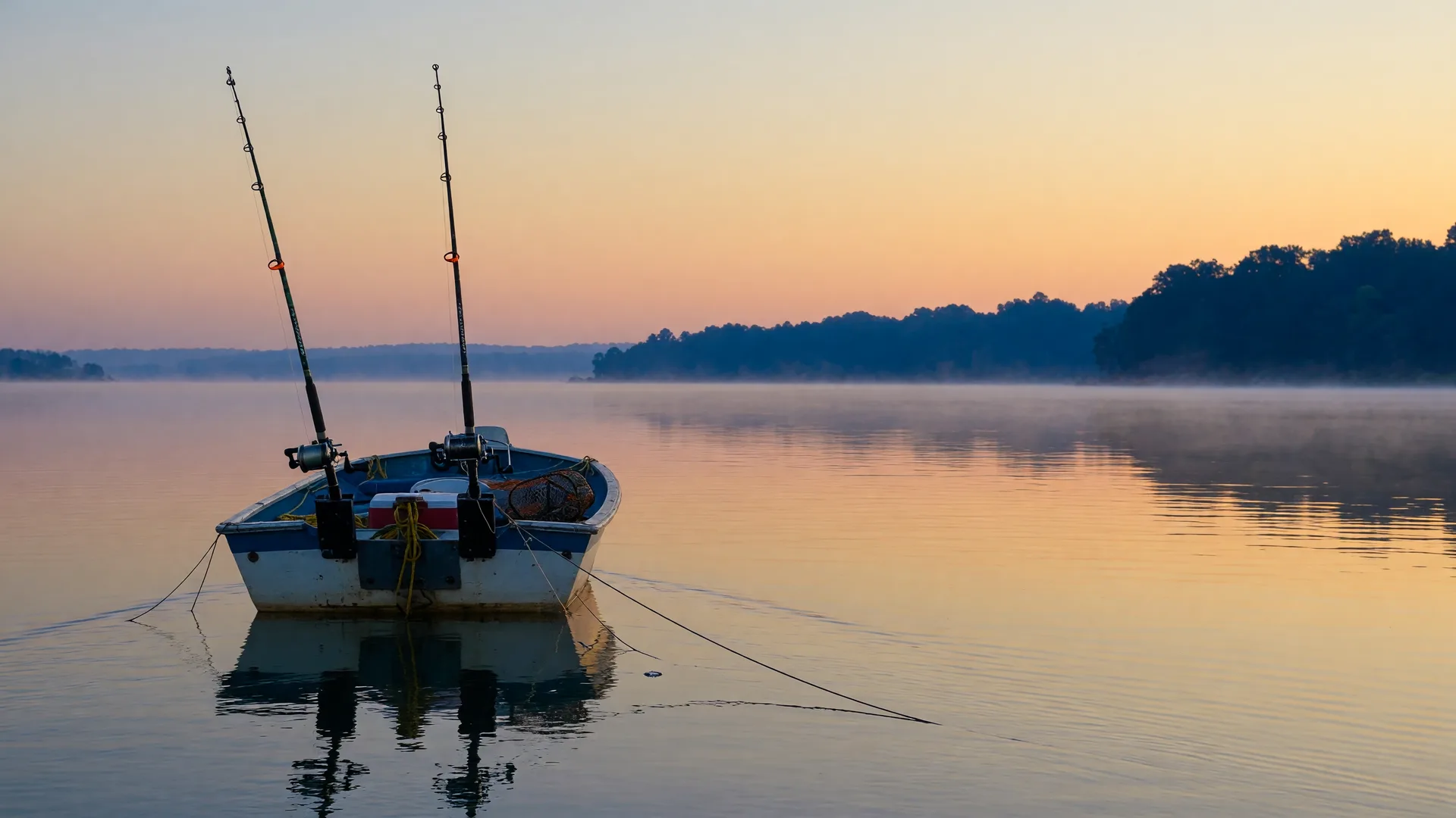 A fishing boat drifting on calm Lake Texoma water at sunrise with striper rods in the rod holders