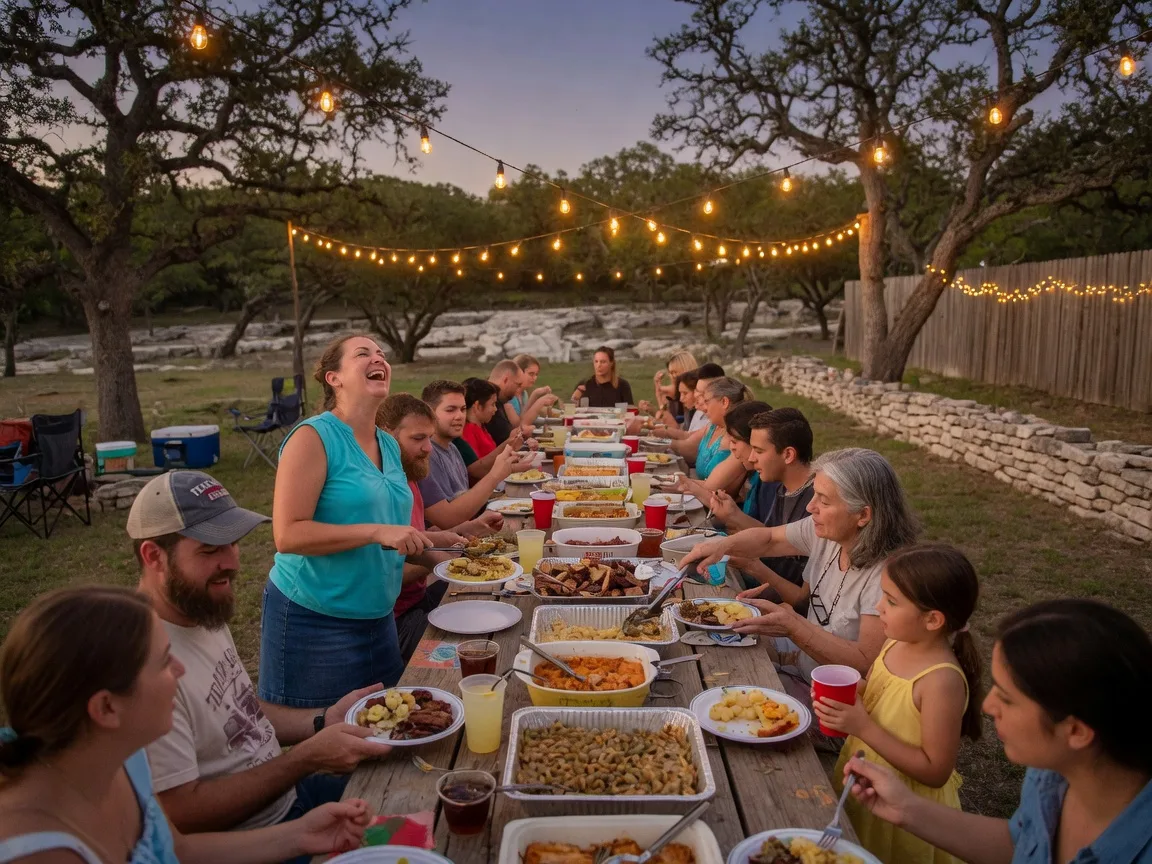A community potluck dinner at a long wooden picnic table under string lights in a Texas Hill Country backyard, neighbors gathering and sharing food