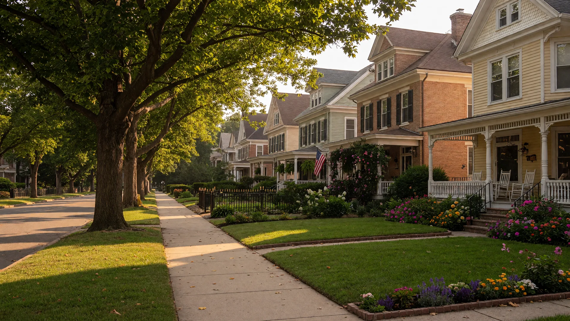 Tree-lined residential street with Victorian and Colonial Revival homes in Moorestown's historic downtown