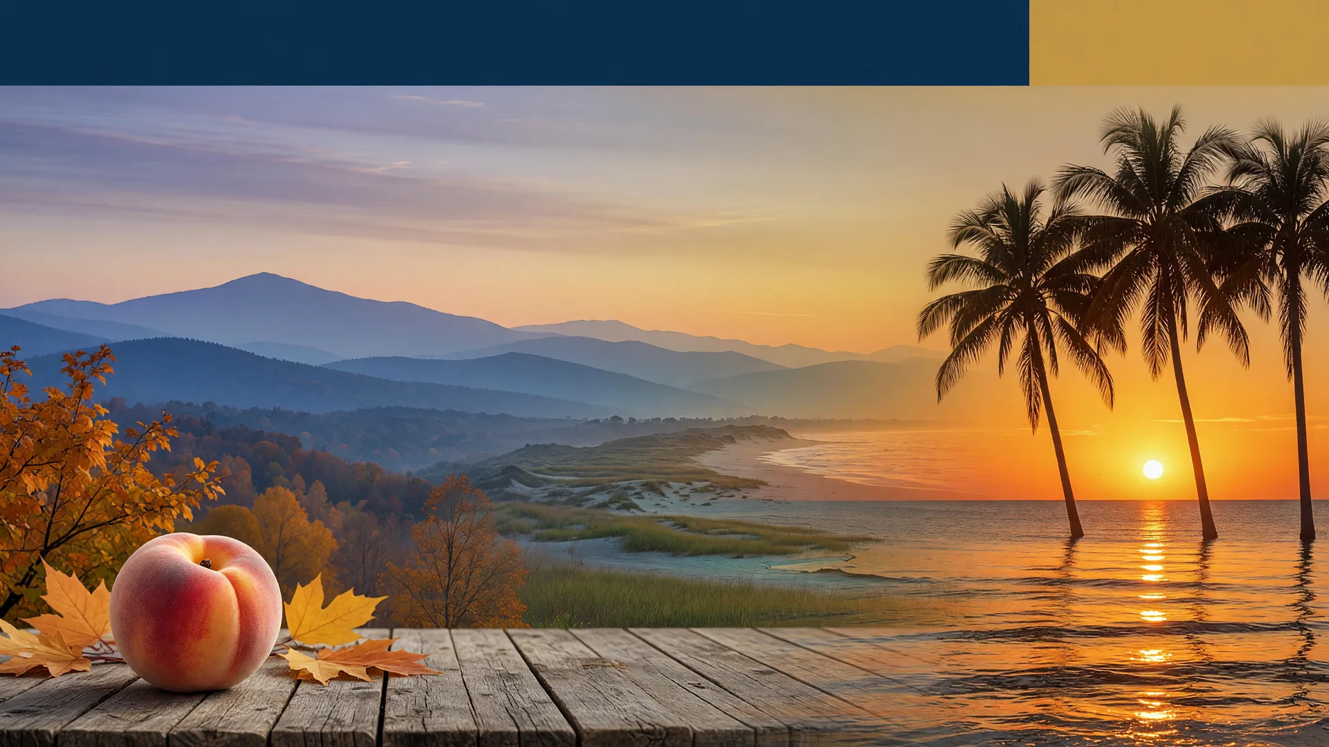 Cinematic editorial hero image in navy, gold, and sunset tones, from Georgia peach country to Florida palms