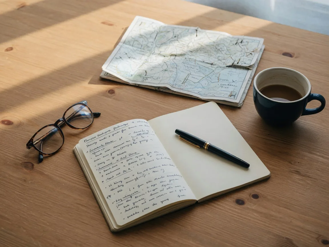 A flat lay of a journal, a map, and a cup of coffee