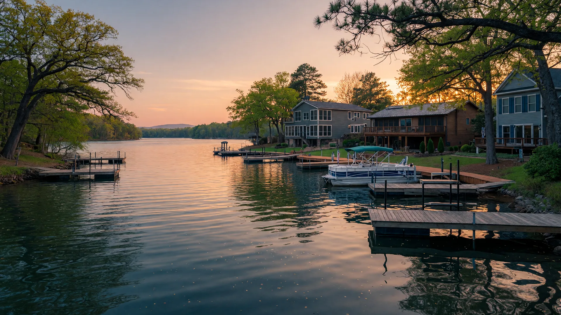 Lakeside neighborhood in Lake Norman at golden hour with homes and private docks