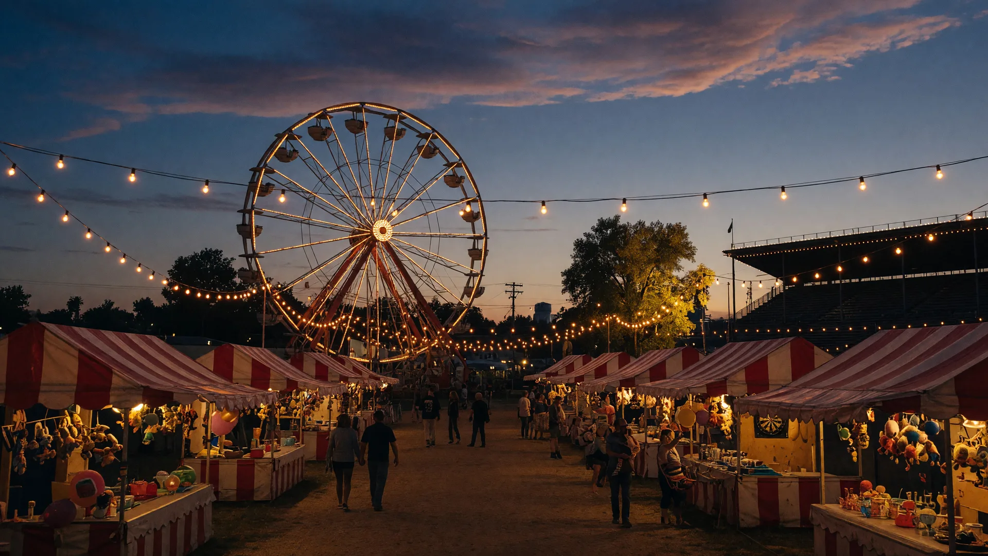 County fair midway with a glowing Ferris wheel at dusk in Brainerd, Minnesota