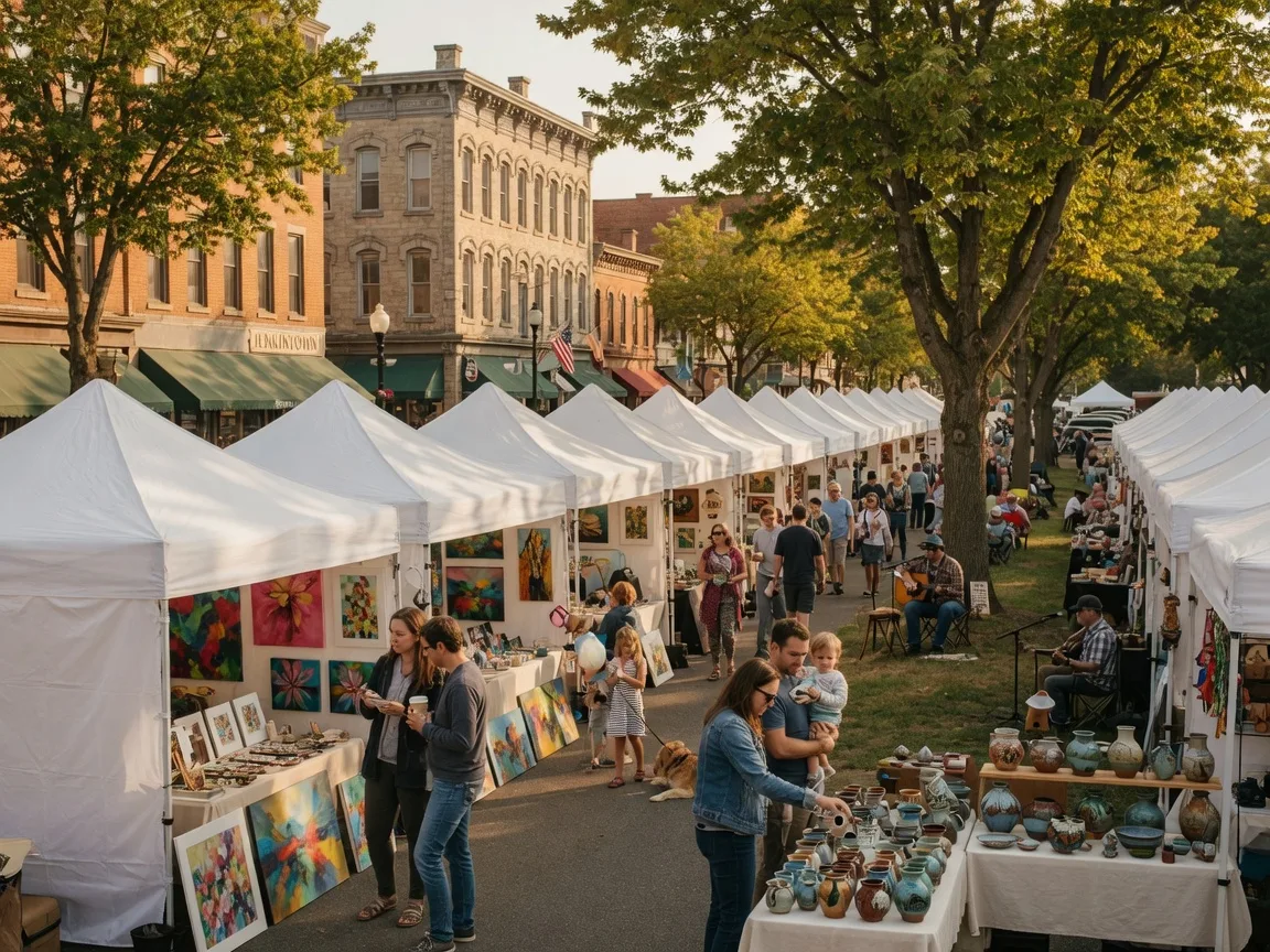 Jenkintown Festival of the Arts with white artist tents along a tree-lined street, families and couples browsing paintings, pottery, and handcrafted items on a sunny September afternoon