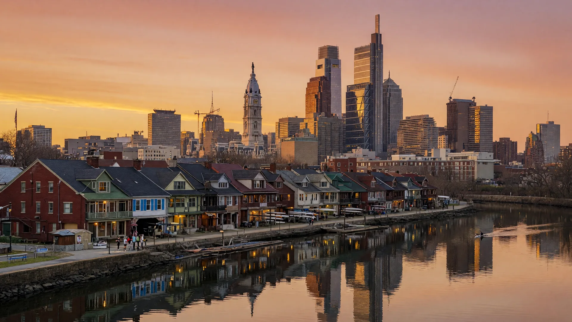 Philadelphia skyline at golden hour from the Schuylkill River with Boathouse Row