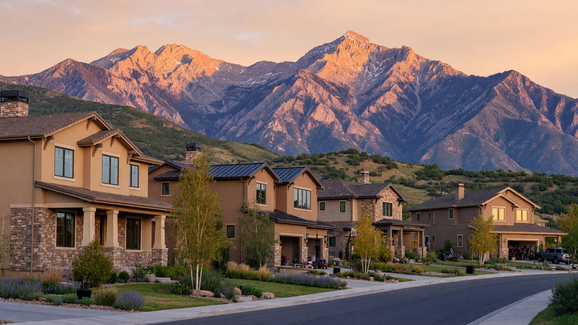 New construction mountain modern homes in Sandy, Utah — Wasatch Mountain backdrop, mature trees, family master-planned community at the base of the mountains