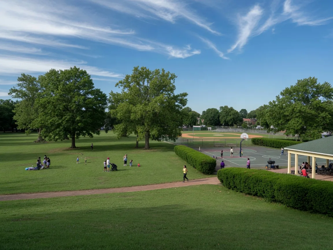 A wide green lawn with mature trees, a baseball field, and families at Fernhill Park serving the East Oak Lane and Oak Lane area