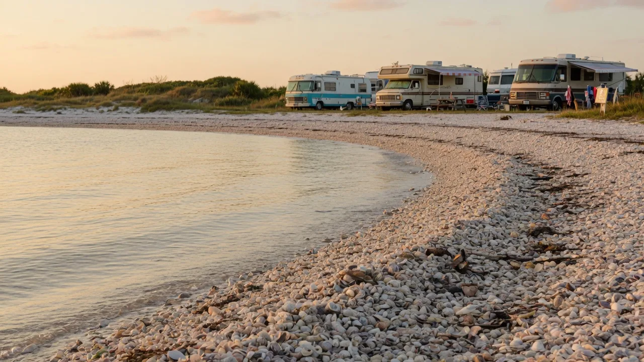 A small Texas coastal beach with shells and calm bay waters