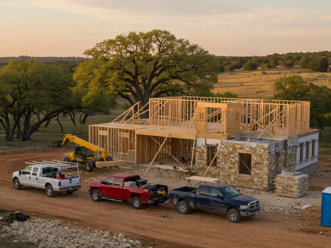 Hill Country property under renovation by local Texas contractors  custom home with exposed framing, stone veneer, and rolling hills in late afternoon light