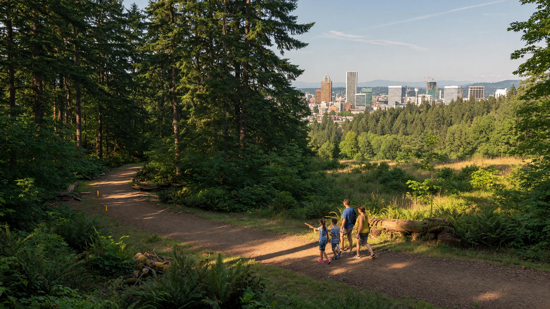 Scenic view of Tualatin Hills Nature Park in Beaverton, Oregon with walking trails and the Portland skyline in the distance