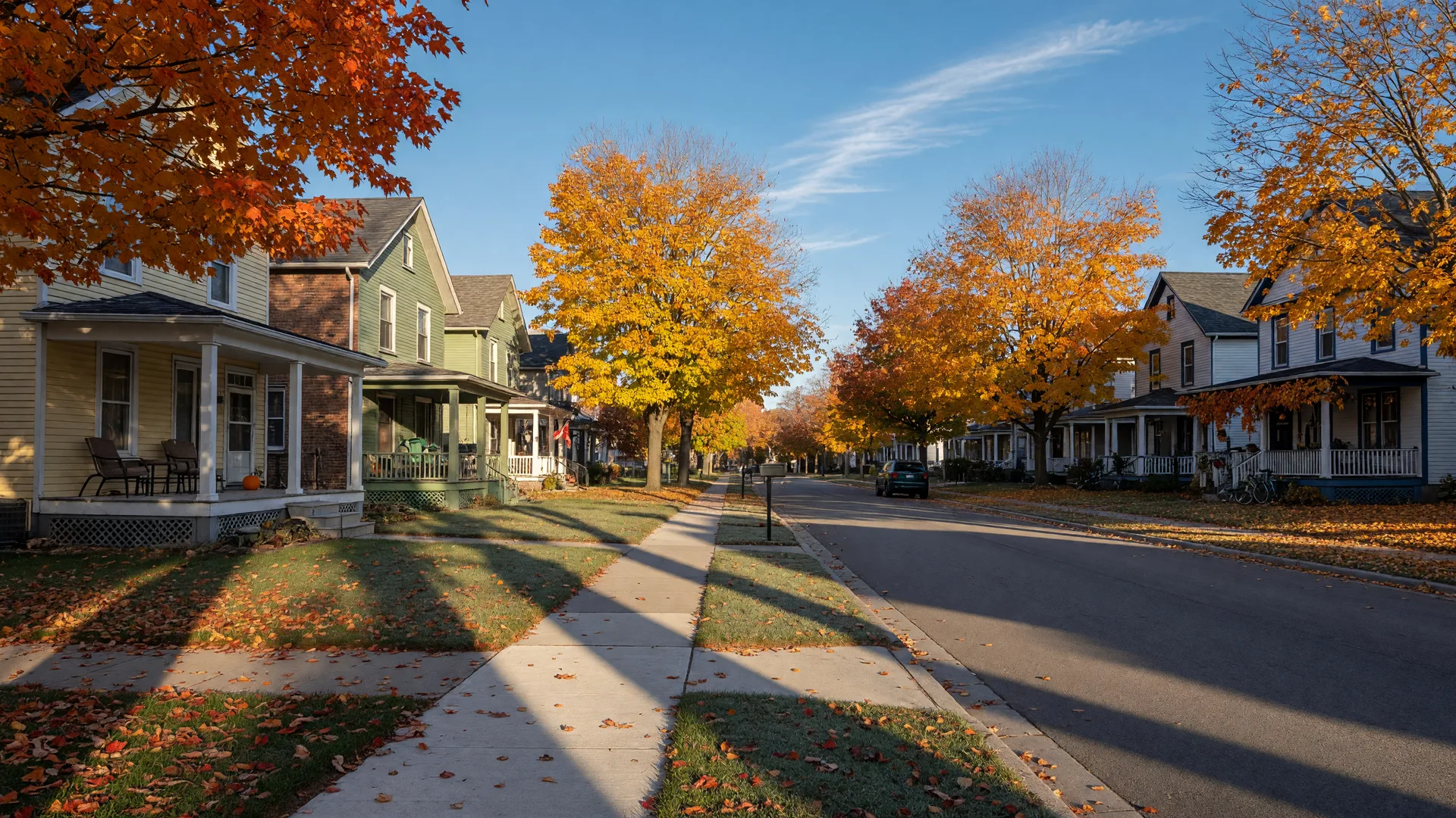 A quiet residential street in Port Perry on a crisp October morning, with two-storey family homes, front porches and maple trees in full autumn colour