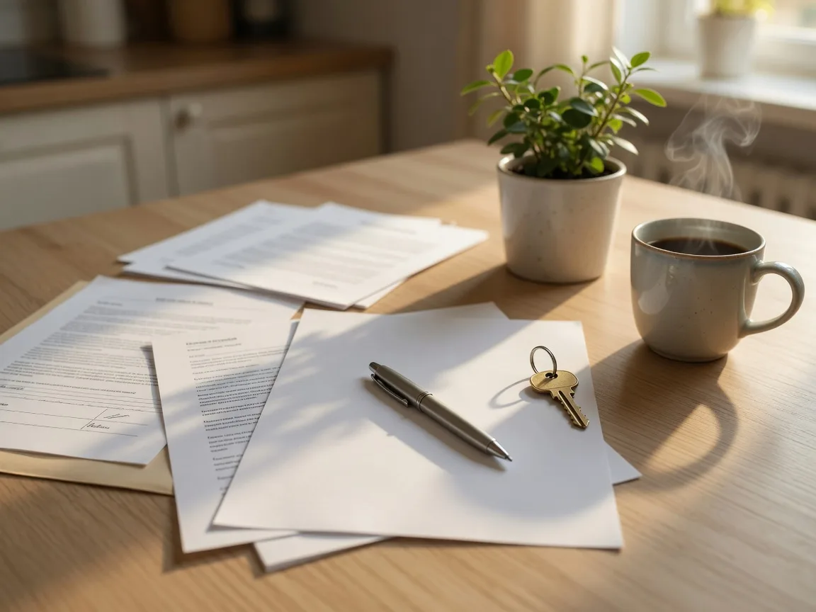 A real estate closing packet with a pen, a brass house key, and mortgage documents on a kitchen table in soft morning light