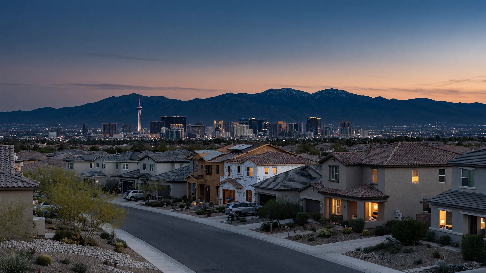 Las Vegas Valley at dusk with the Spring Mountains on the horizon