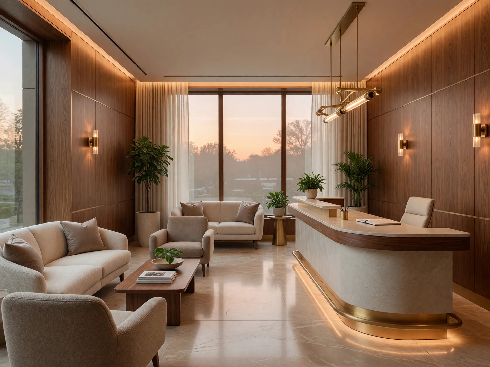 A modern dental practice lounge with warm wood paneling and brass details