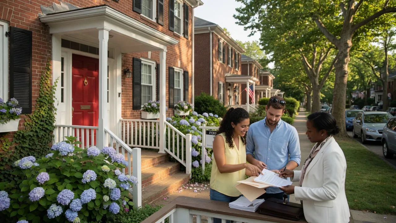 A young couple on the front porch of a colonial home in Burlington County talking with a real estate agent on a summer afternoon