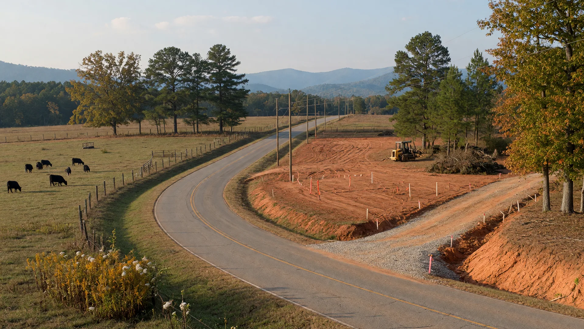 Two-lane rural highway in southwest Cherokee County with pasture on one side and a freshly graded homesite on the other, foothills beyond