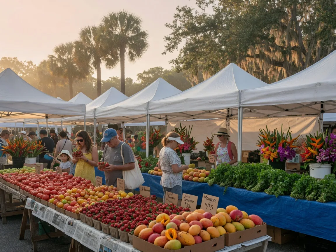 A Southwest Florida farmers market with white tents, fresh produce and tropical flowers