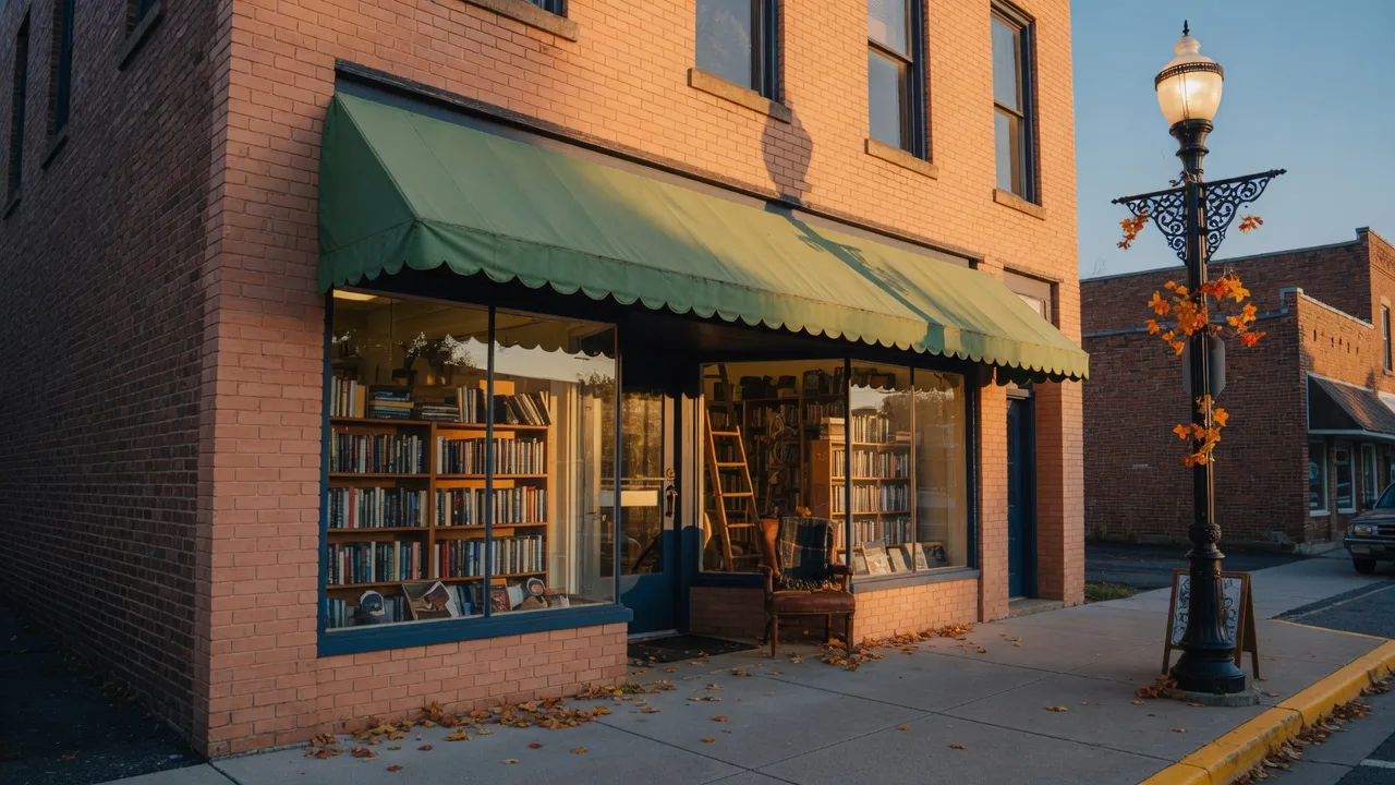 Turn the Page Books & Gifts, a family-owned independent bookstore on Westfield Indiana's downtown square, with glowing display windows, wooden shelves of books, and a cozy reading chair bathed in golden-hour autumn light