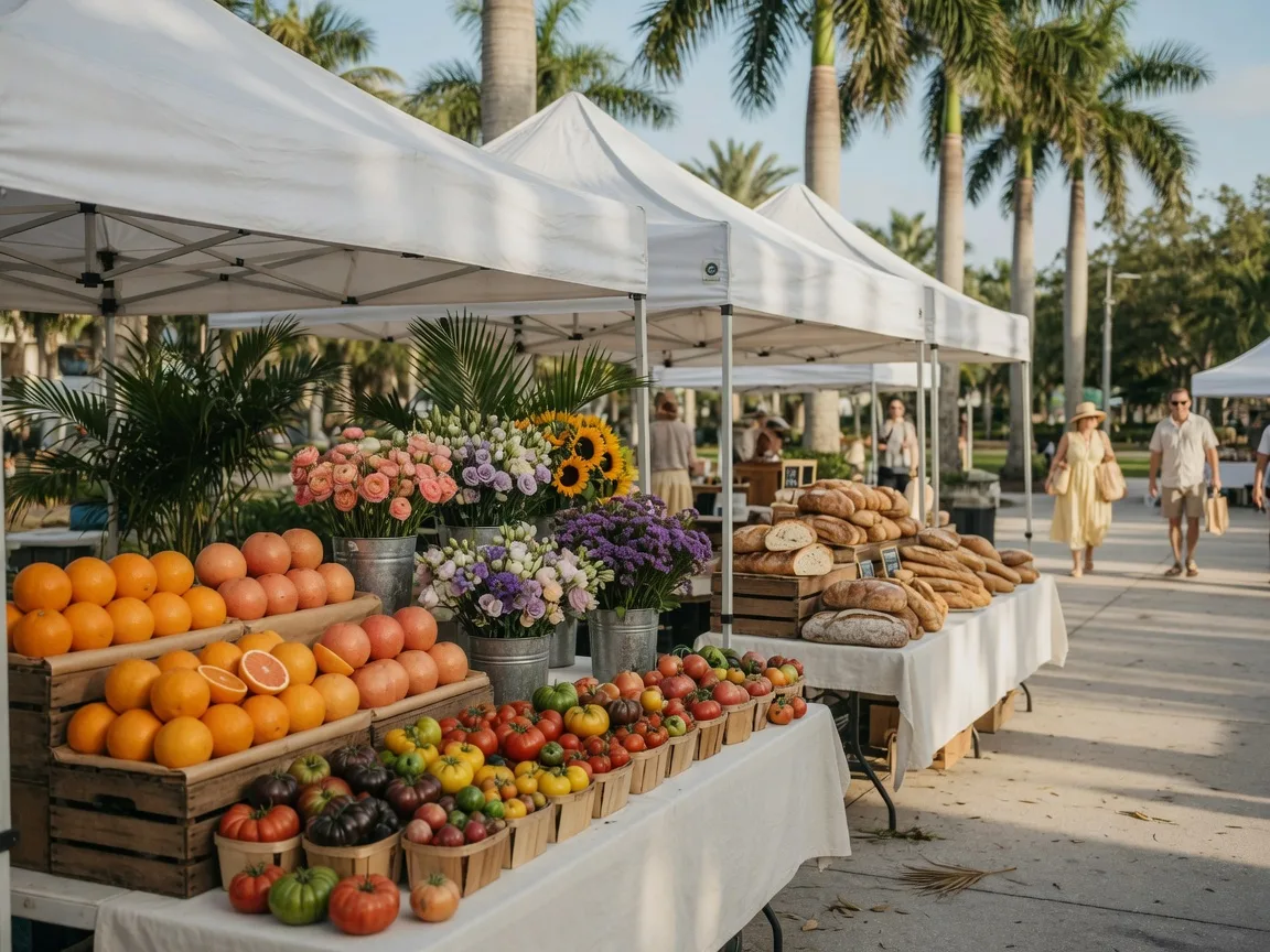 White-canopied farmers market stalls with citrus, tomatoes, and cut flowers in morning sunlight