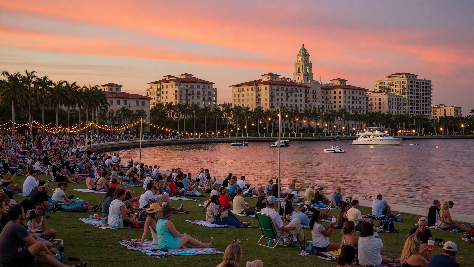 West Palm Beach waterfront at sunset during Clematis by Night with string lights, concertgoers on the Great Lawn, and the Intracoastal Waterway