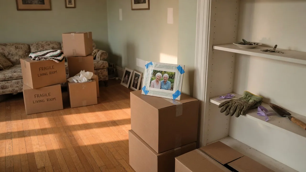 Living room in transition with moving boxes and wrapped framed photographs