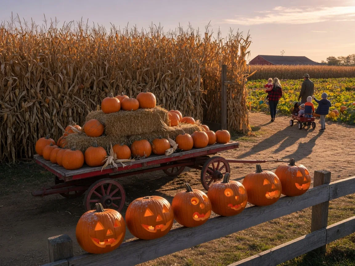 A wooden wagon full of hay bales and pumpkins beside a tall corn maze at a South Jersey farm on a warm October afternoon