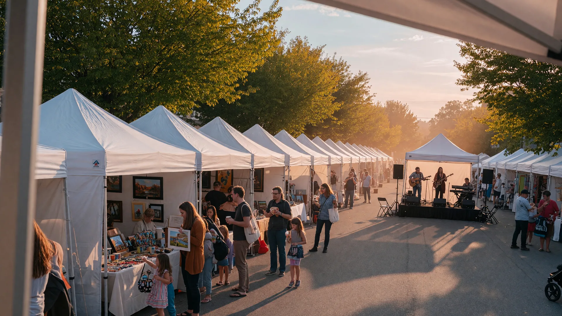 Rows of white artist vendor tents stretching down the tree-lined Jenkintown Town Square at the Festival of the Arts, with families browsing and a live music stage in the distance in golden afternoon light