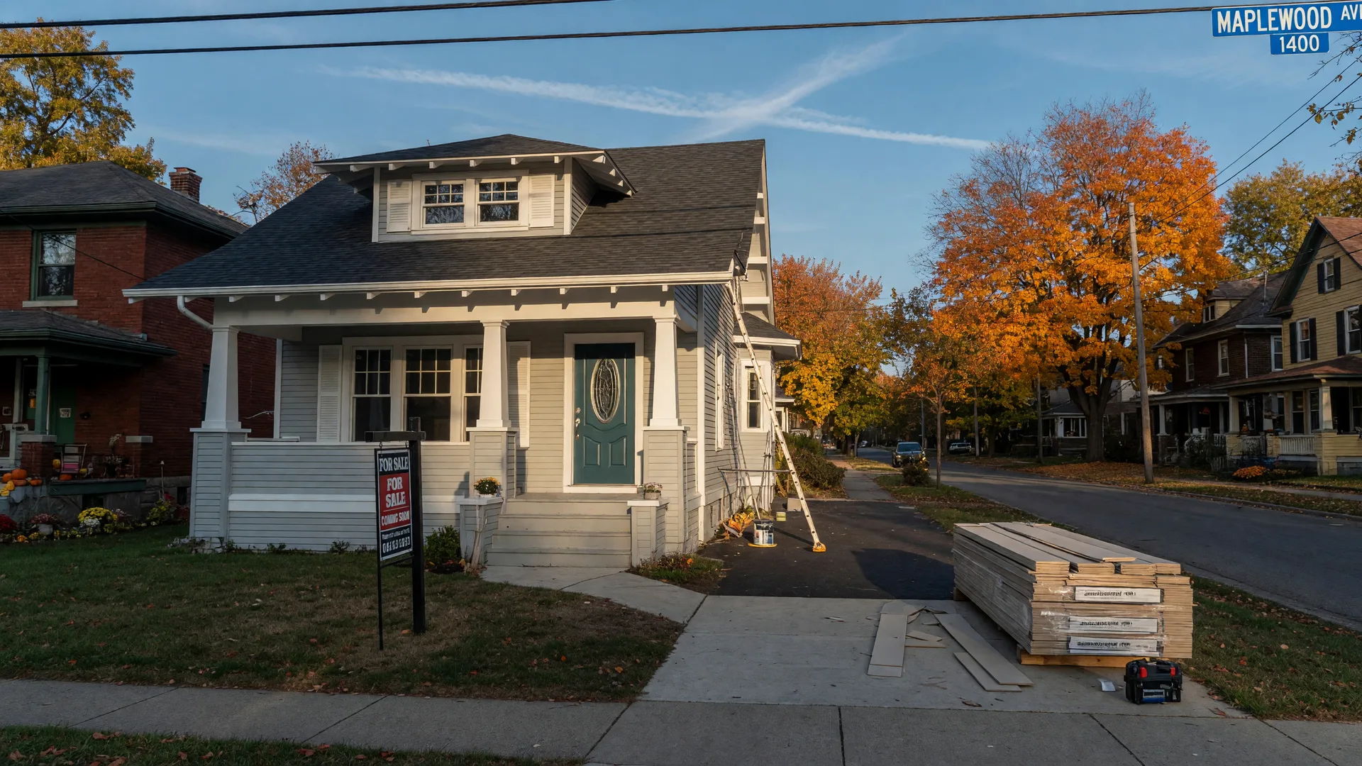 A freshly renovated craftsman bungalow in Dayton, Ohio on a crisp late-October morning, new asphalt roof and crisp white trim, a real estate for-sale sign staked in the front yard, a contractor's ladder and a stack of siding beside the driveway, sugar maples turning orange and gold along the curb