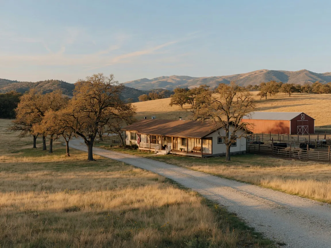 A Catheys Valley ranch-style home on rolling golden oak-studded hills with a covered porch, a gravel driveway lined with oaks, a distant metal barn and corral, and the Sierra Nevada foothills on the horizon under a clear autumn sky