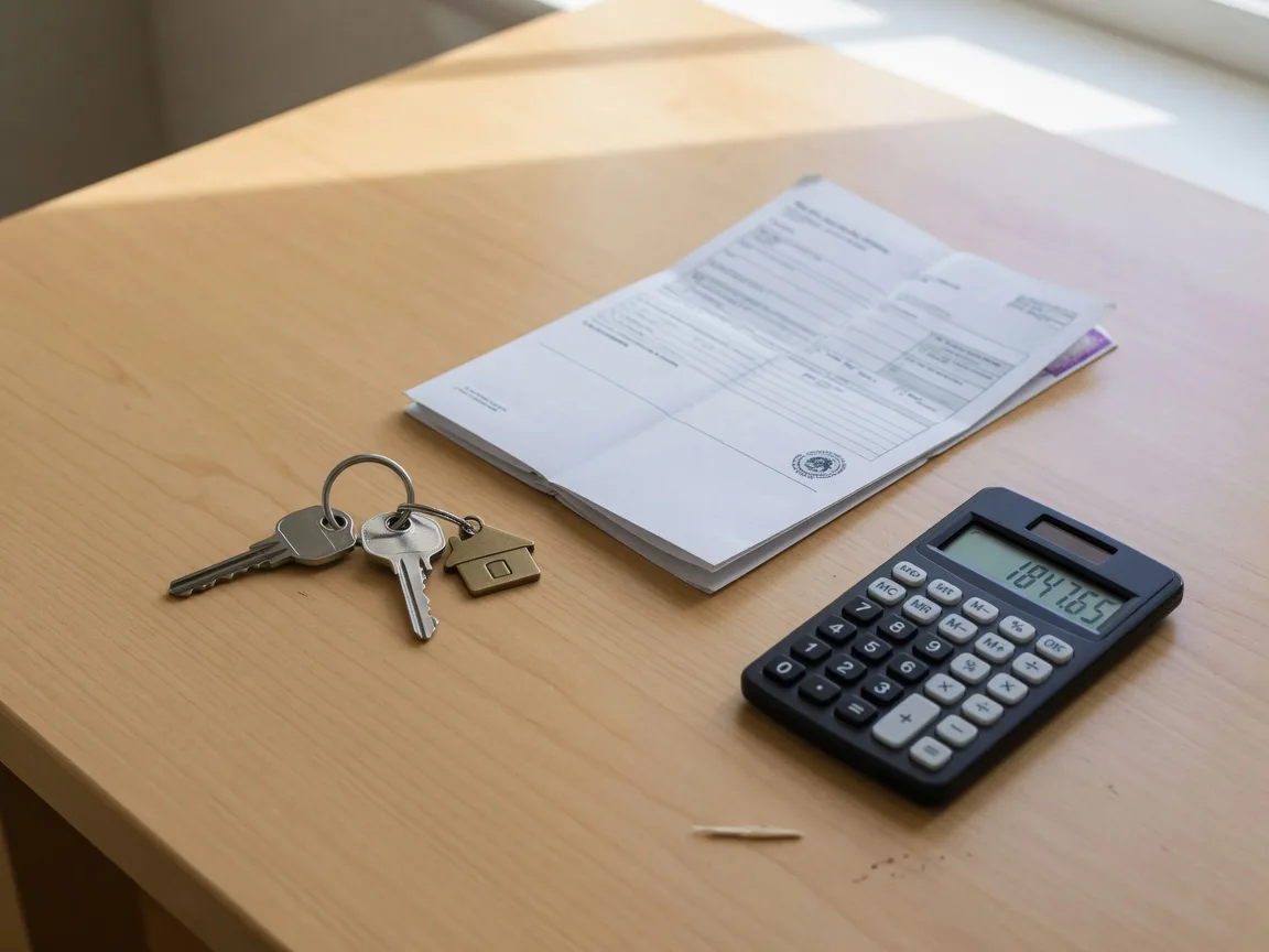 House key, tax document, and calculator on a desk representing property tax planning.