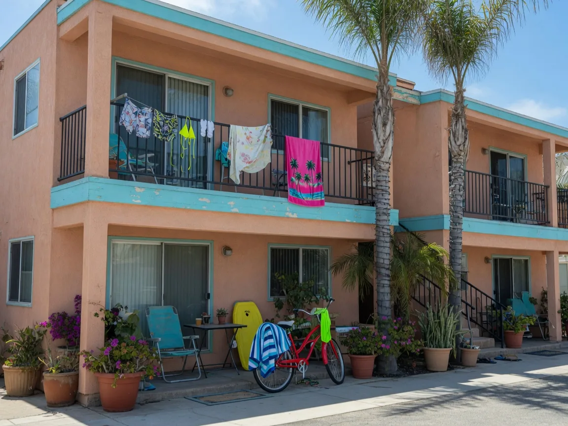 A sunny two-story apartment and condo complex in Imperial Beach with balconies, palm trees, and a walkway, the rental side of beach-town life in ZIP 91932
