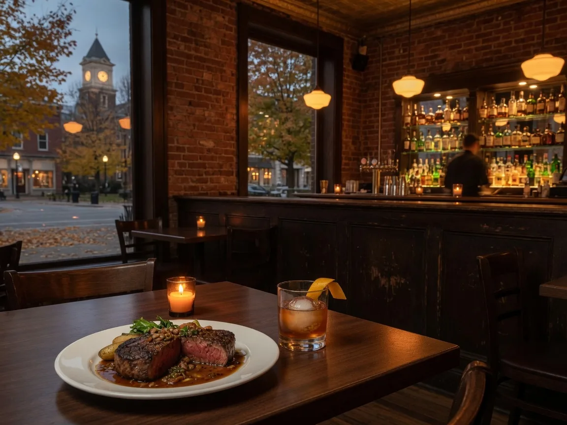 A warm, upscale casual restaurant interior on the historic public square in Troy, Ohio on an autumn evening, a table set with a seared steak dinner and a craft cocktail on a candlelit dark wood table, exposed brick and amber pendant lighting with a glowing backlit bar softly blurred behind