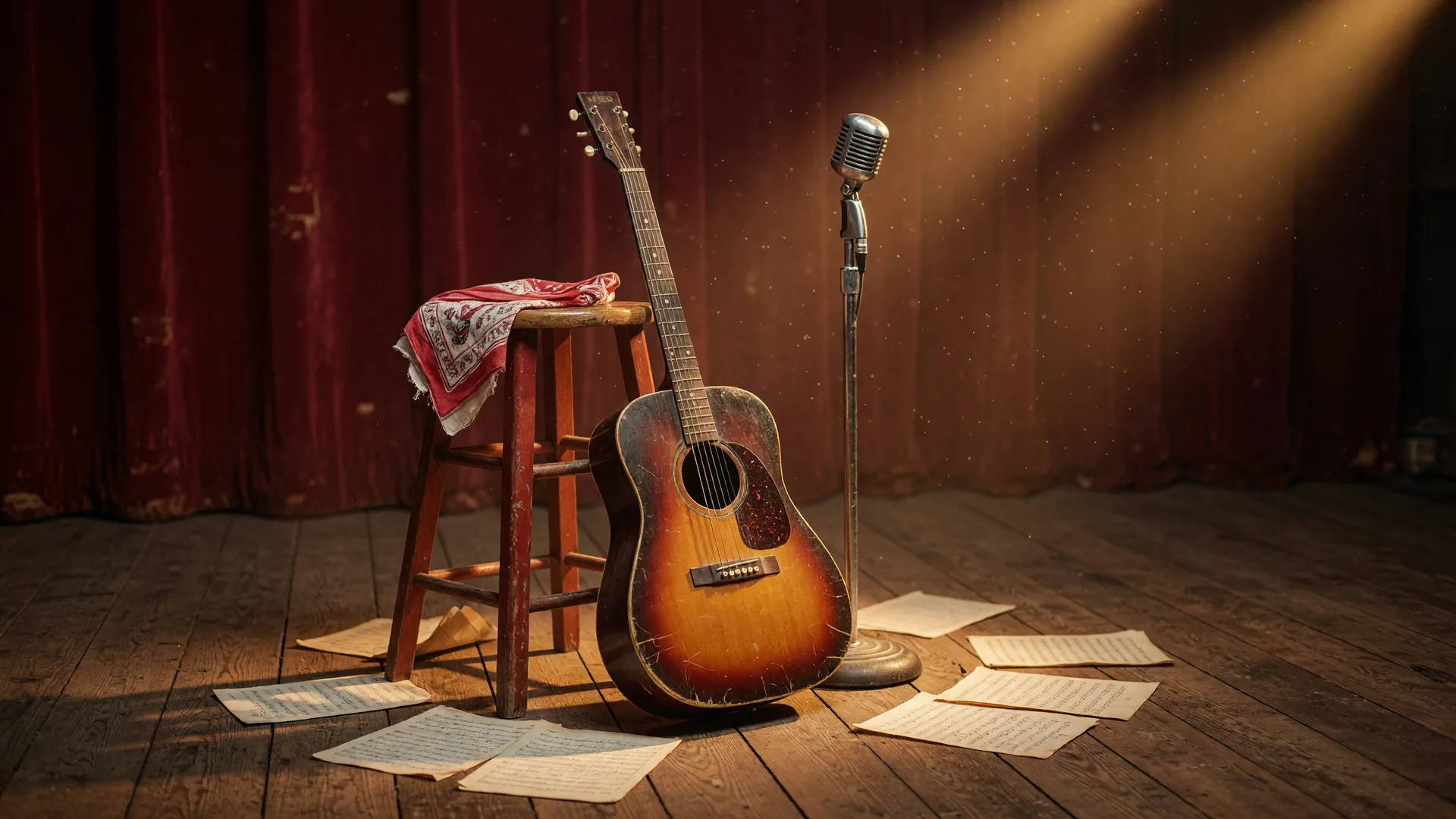 A vintage acoustic guitar leaning on a wooden stool on a small stage under warm amber spotlights, with a microphone stand nearby