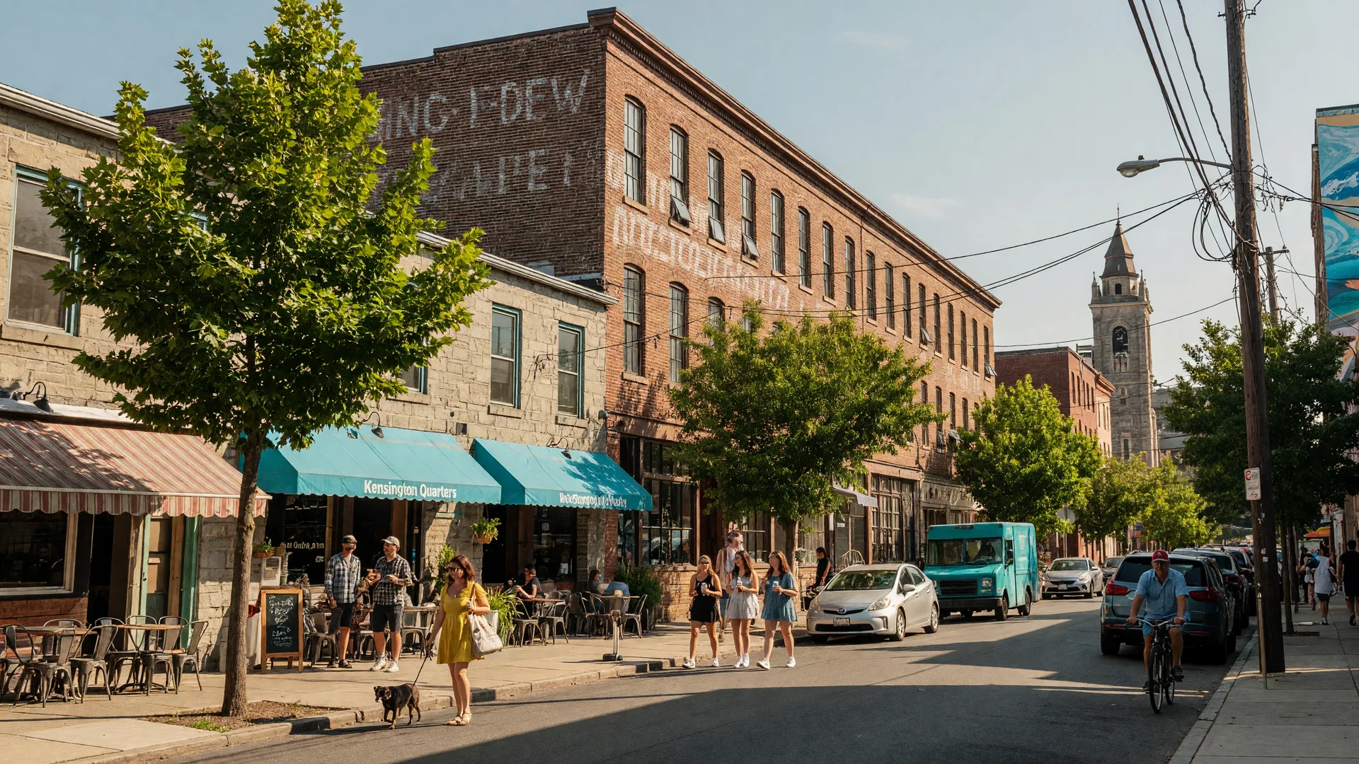 Fishtown neighborhood along Frankford Avenue in Philadelphia on a sunny afternoon