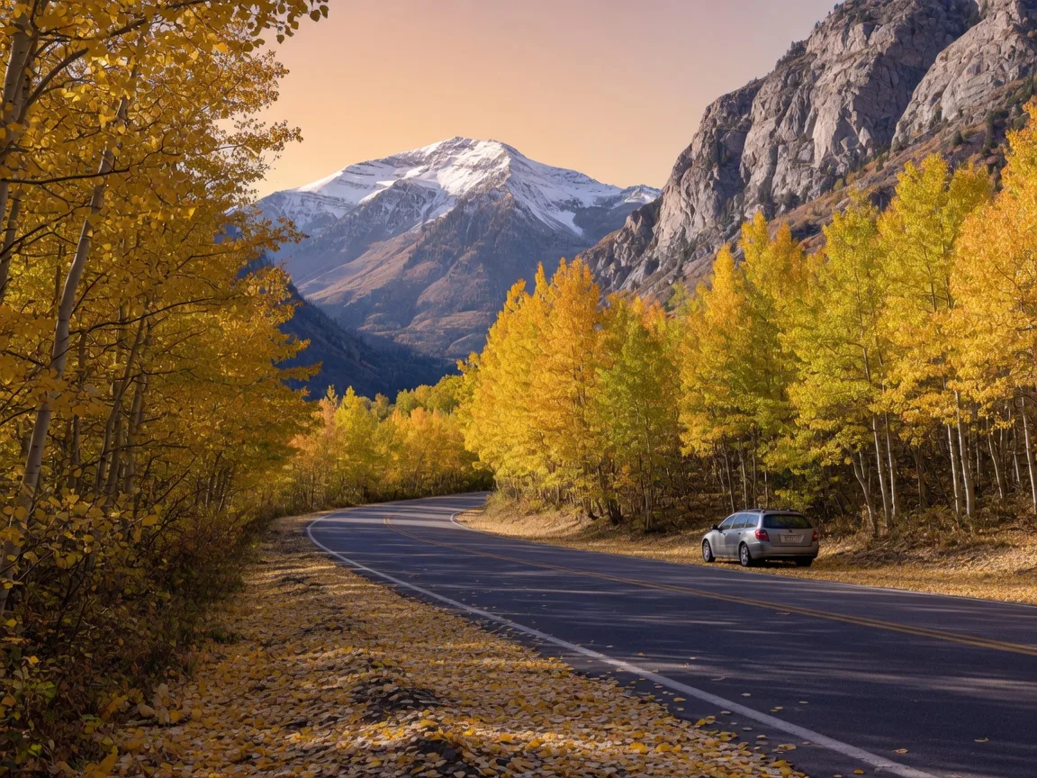 The Alpine Loop scenic byway near Alpine Utah in mid-October with golden aspen groves still holding color along the winding mountain road, granite canyon walls, and Mount Timpanogos dusted with snow in the background