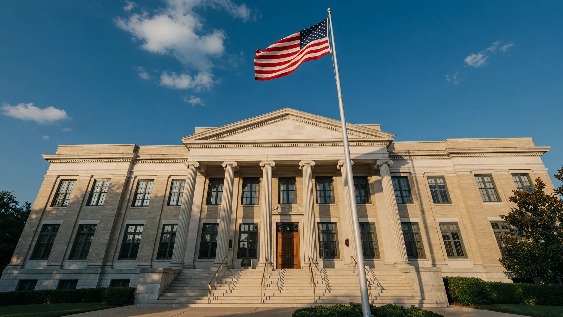 Hall County Government Center in Gainesville Georgia, with classical columns and an American flag under a blue sky