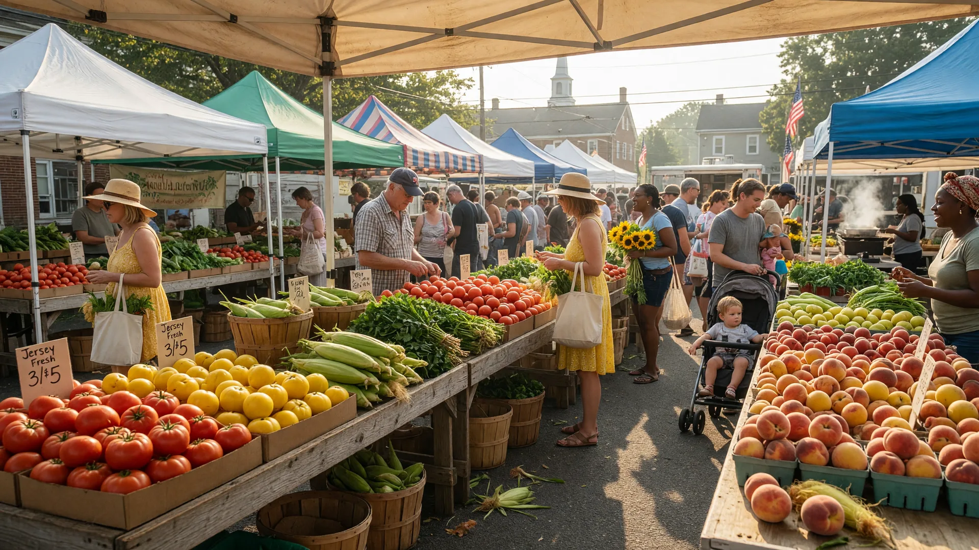 Bustling farmers market on a sunny Saturday morning with colorful seasonal produce and community shoppers in Burlington County, New Jersey