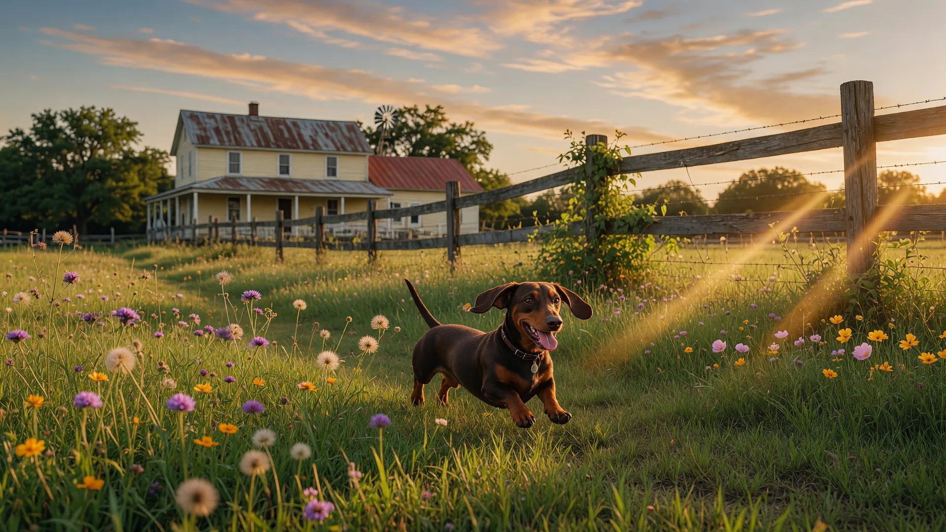 A dachshund running happily through a lush green rural field in Northeast Texas at golden hour with a farmhouse in the background
