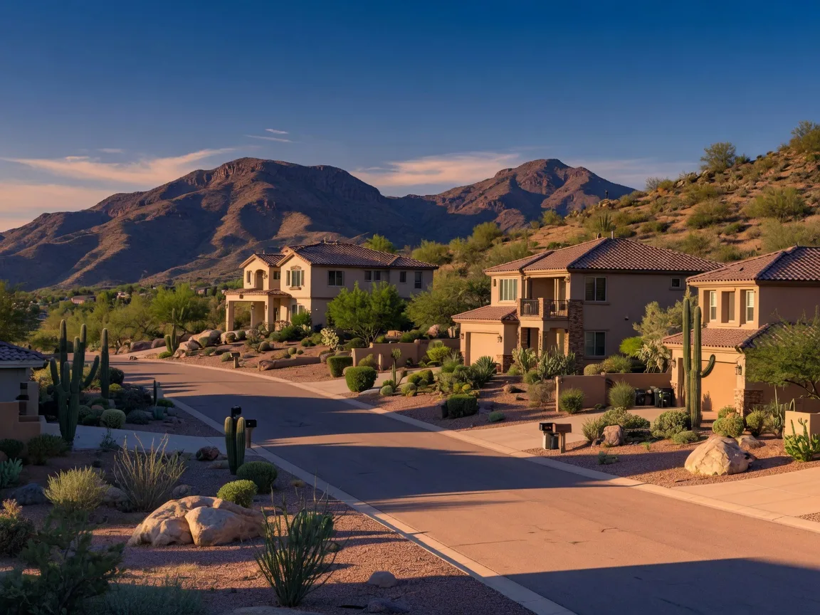 Hillside neighborhood in northeast Mesa, Arizona at golden hour with custom homes and the Usery Mountains behind