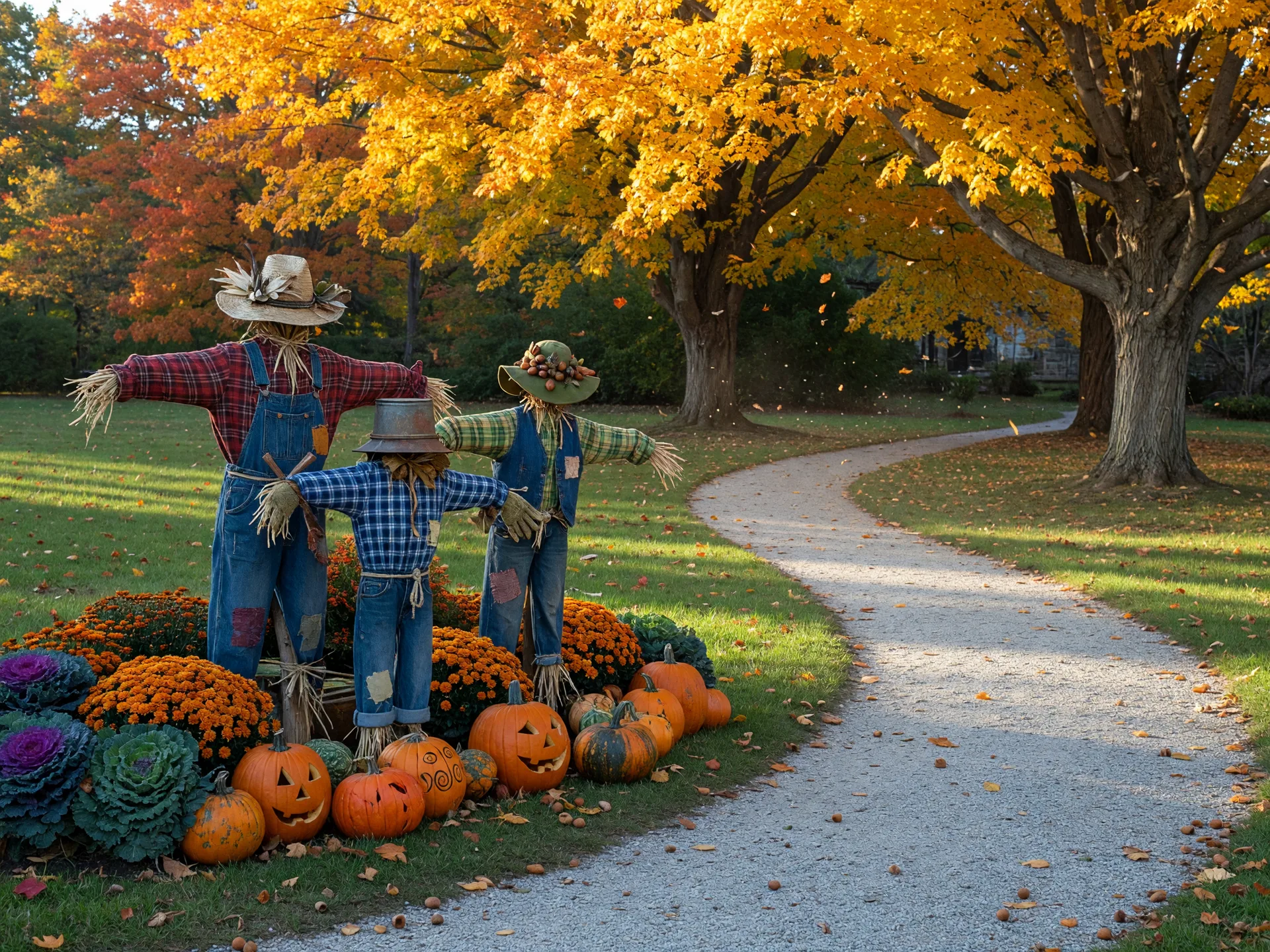 Handcrafted scarecrows in plaid flannel standing among orange mums and carved pumpkins along a garden path beneath gold sugar maples