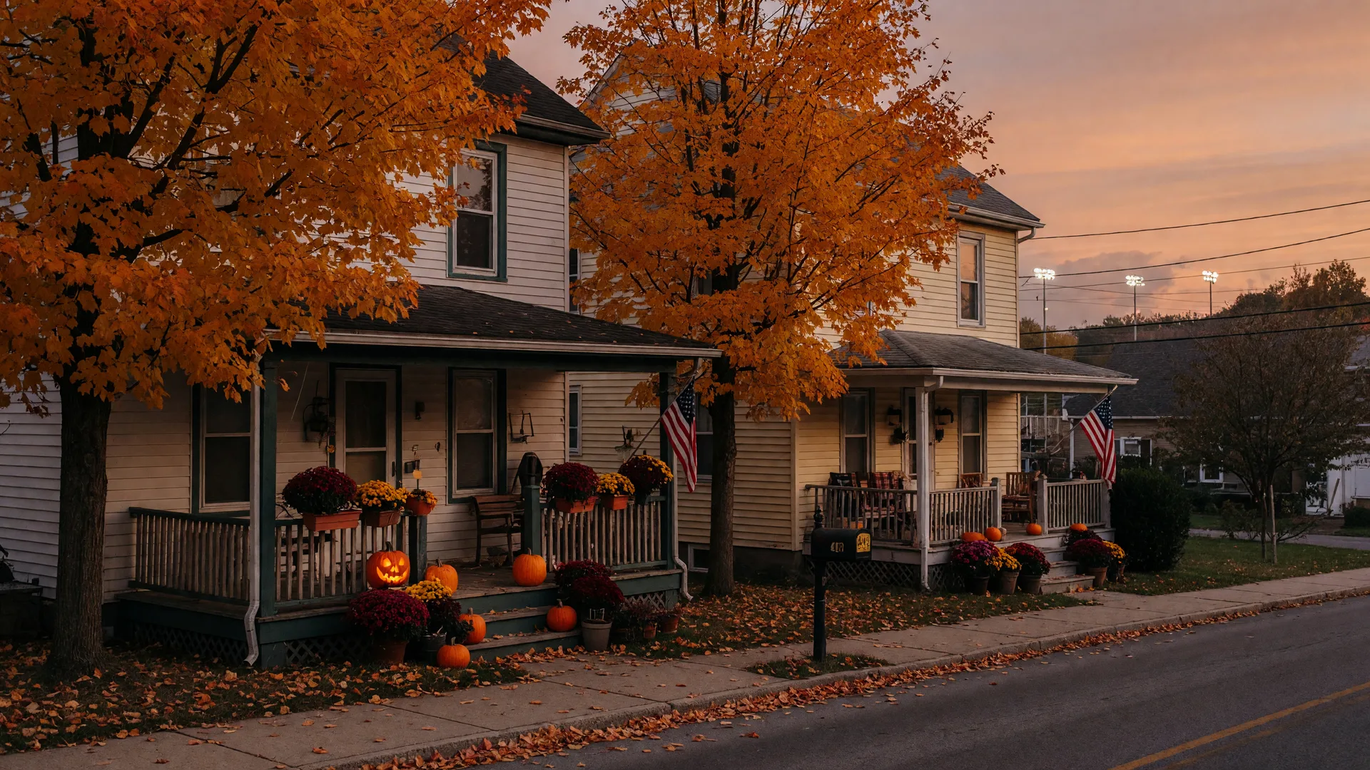 A warm mid-October evening on a small-town Pennsylvania street near Coplay, with twin homes on front porches, pumpkins and mums on a stoop, maple trees in peak color, and stadium lights glowing faintly in the distance