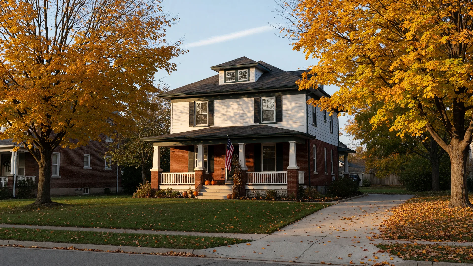 A classic two-story brick and white siding foursquare home with a front porch under gold and amber maple trees in Springfield, Ohio on a late October afternoon