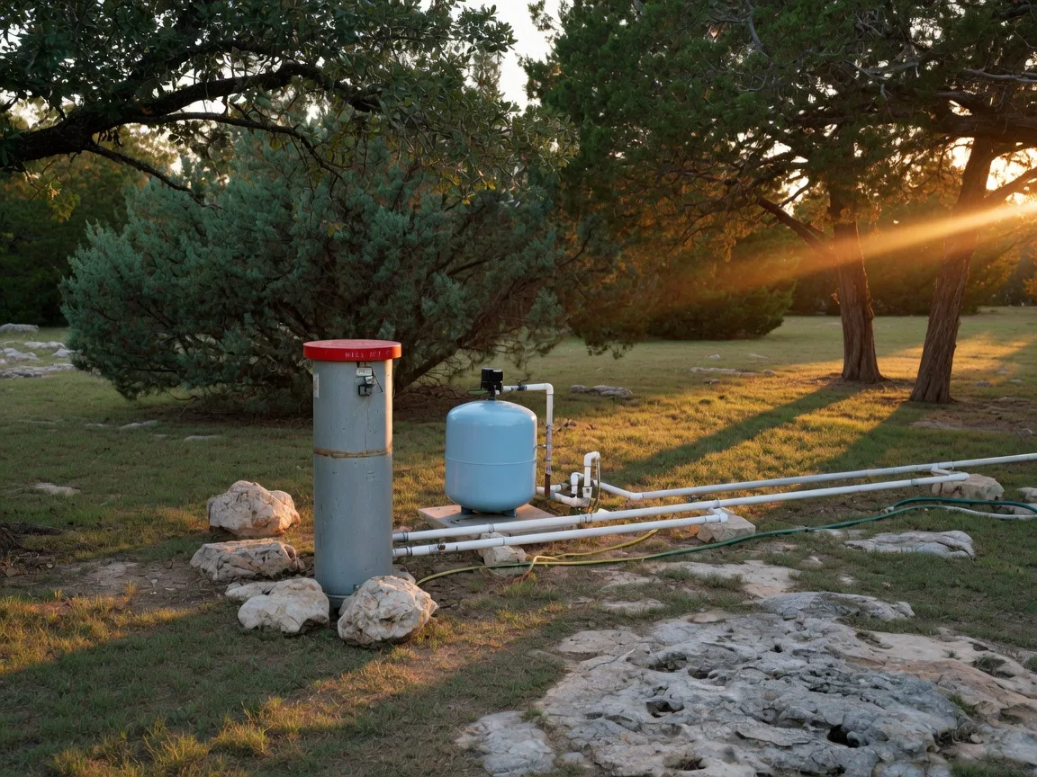 A capped residential well head with a pressure tank in a grassy Hill Country clearing near Boerne, the equipment behind the well log and water test records a buyer will request