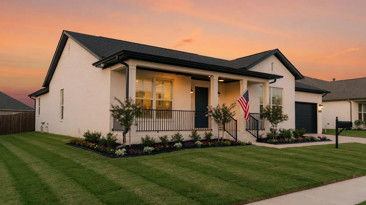 A well-maintained North Texas farmhouse-style home at golden hour with an American flag beside the front door and warm interior lights