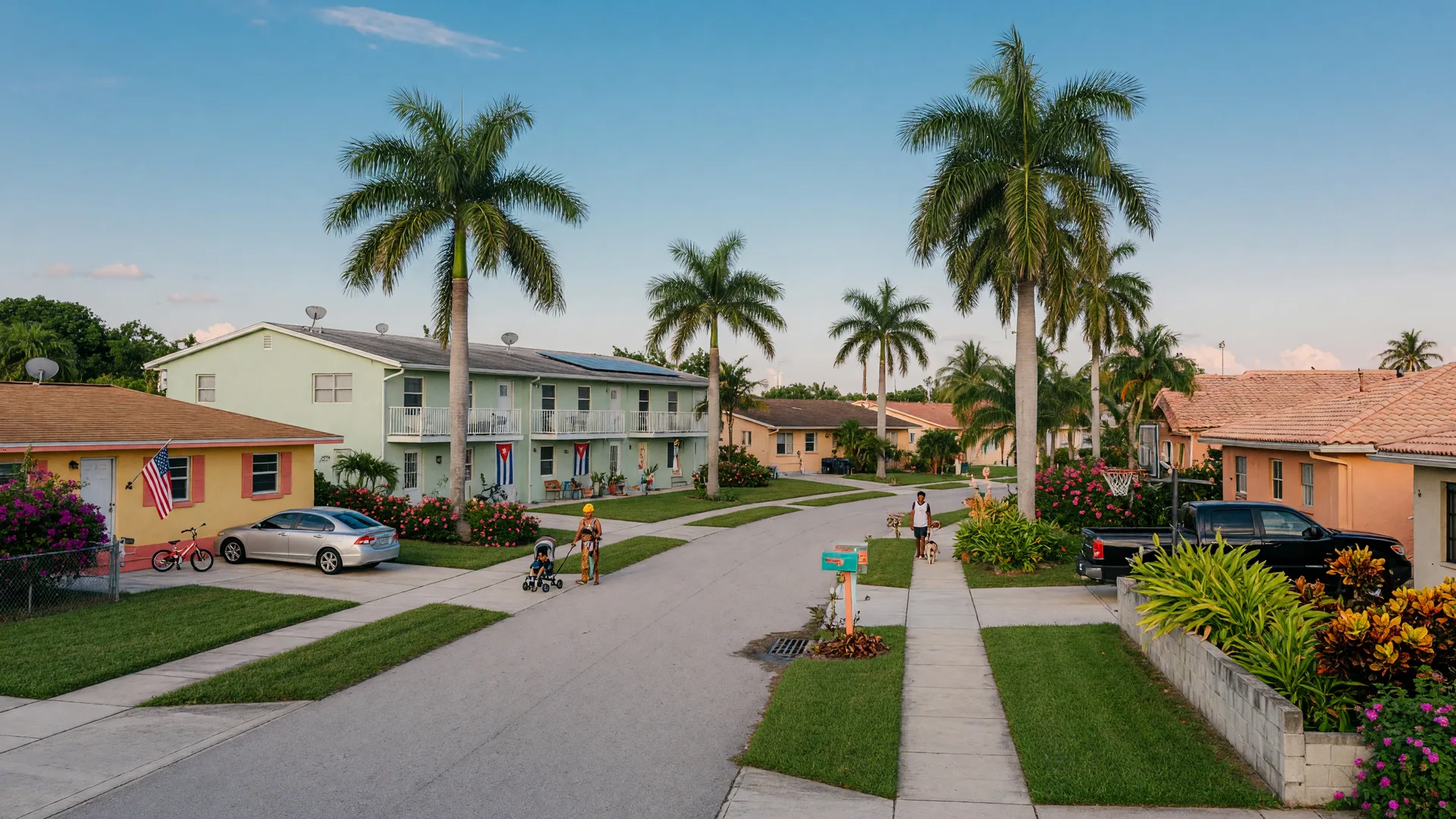 Diverse affordable neighborhood in Palm Beach County with modest homes and palm trees